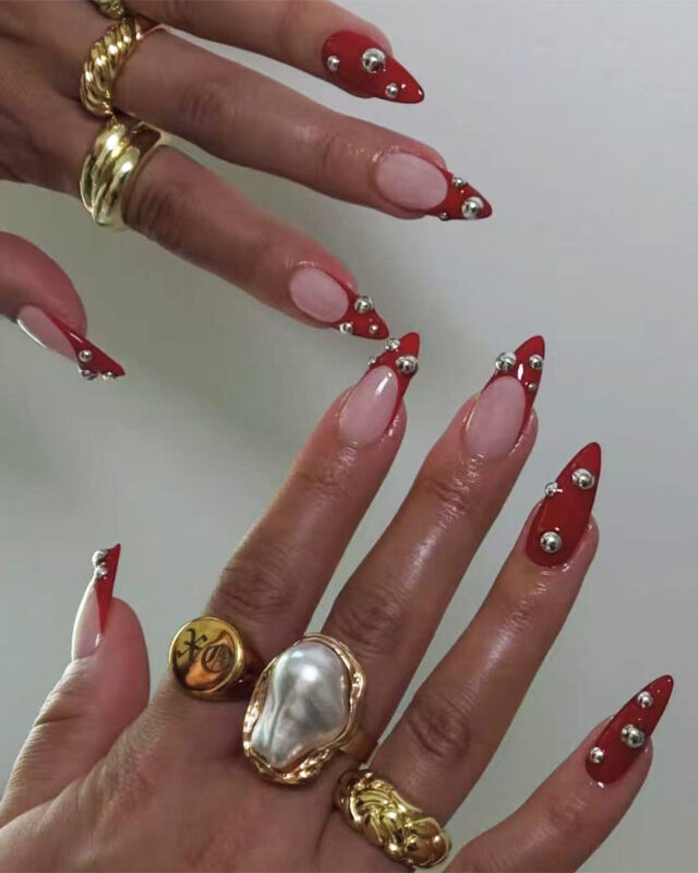 24Pcs Almond Red French Tip Nails