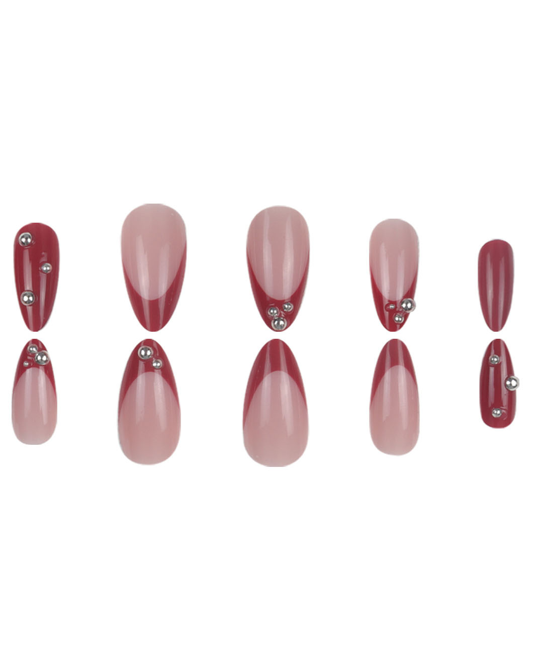 Almond Red French Tip Nails with Beads - Image 5