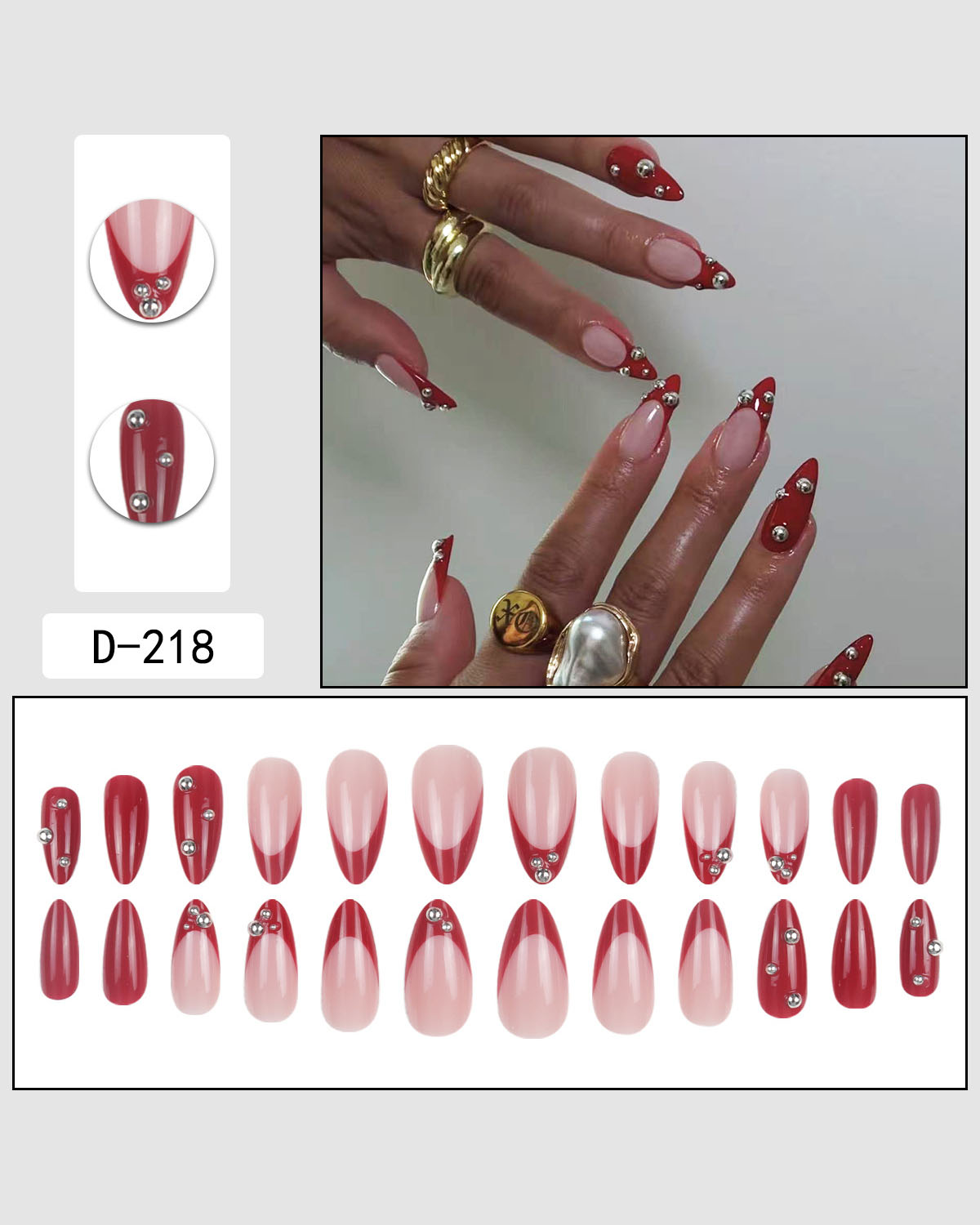 Almond Red French Tip Nails with Beads - Image 3