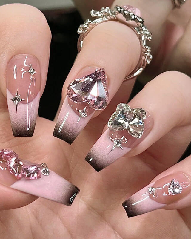 Bling French Ombre Ballerina Nails Long