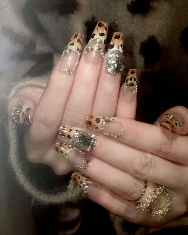 Radiant Leopard Print Long Ballerina French Tip Nail
