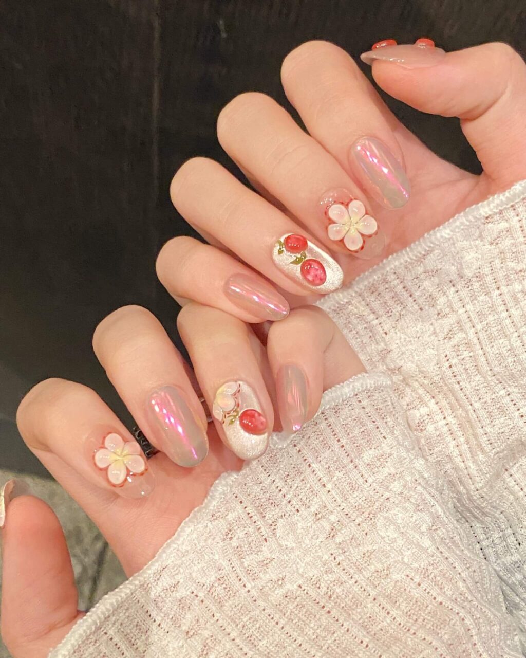 Cute Short Oval Acrylic Nails 3D Flower Design for Spring Summer