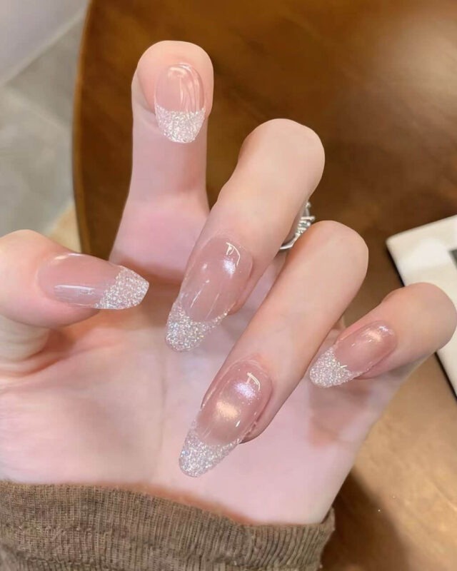 Handmade Oval Glitter French Tip Acrylic Nails