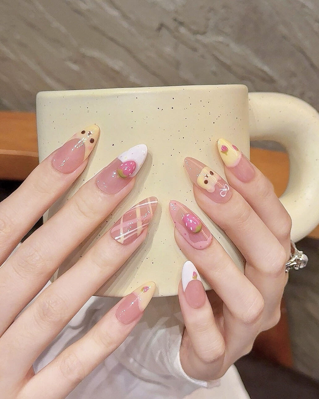 Pink Strawberry Design Cute Almond Acrylic Nails Long