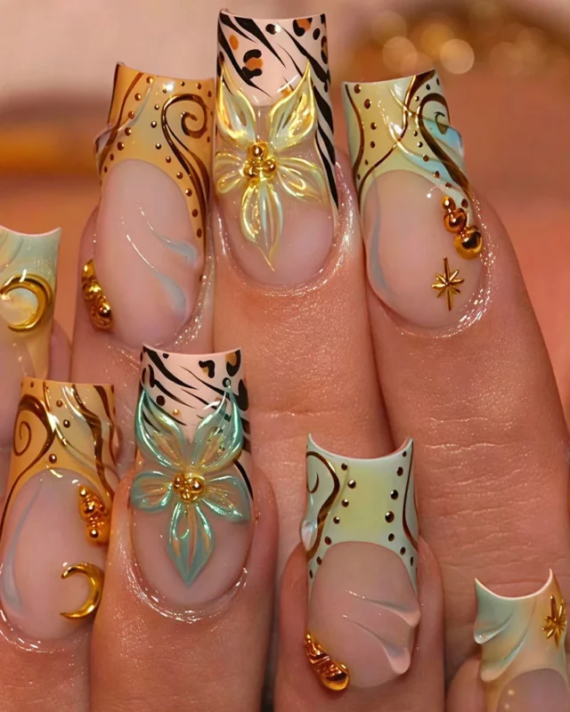 3D Flower & Moon & Starburst Luxury False Nails