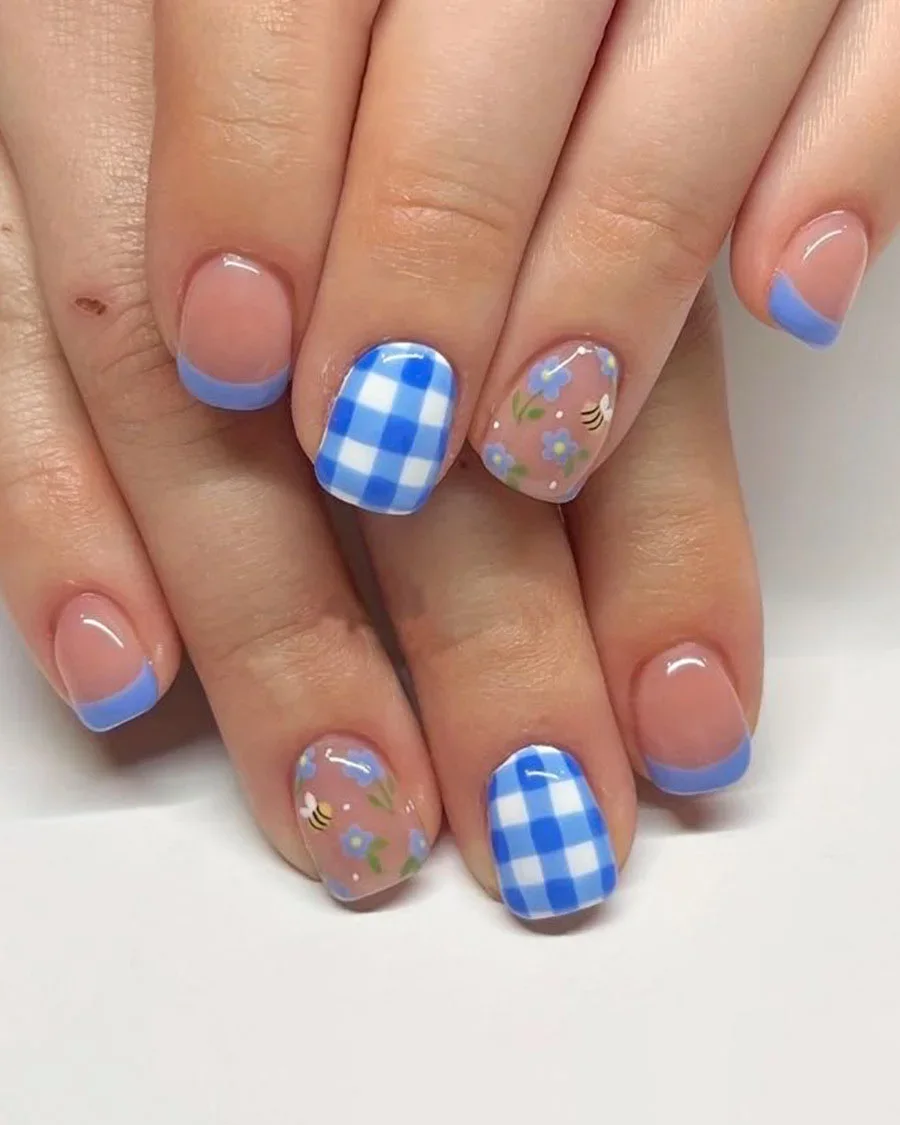 Fresh Short Glossy Blue Checkerboard Nails Bulk