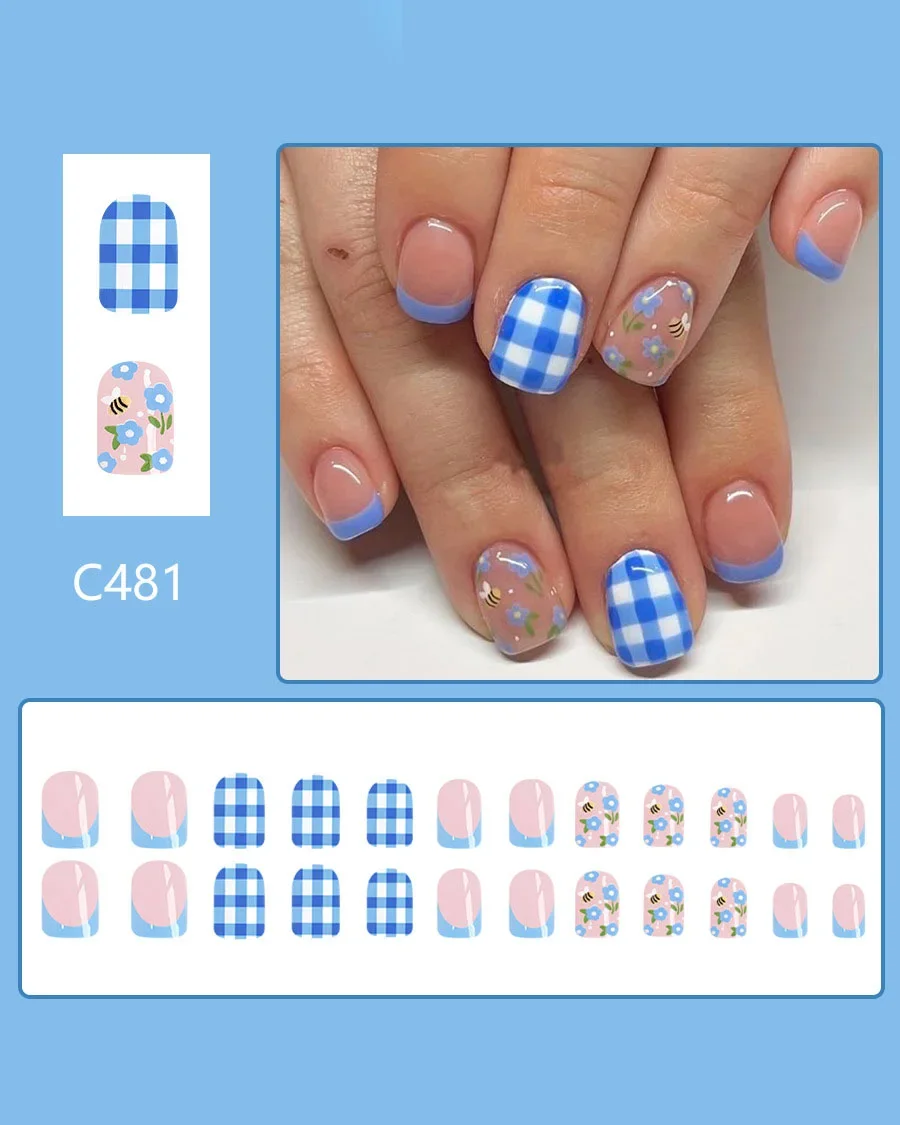 Alternative view of Fresh Short Glossy Blue Checkerboard Nails Bulk