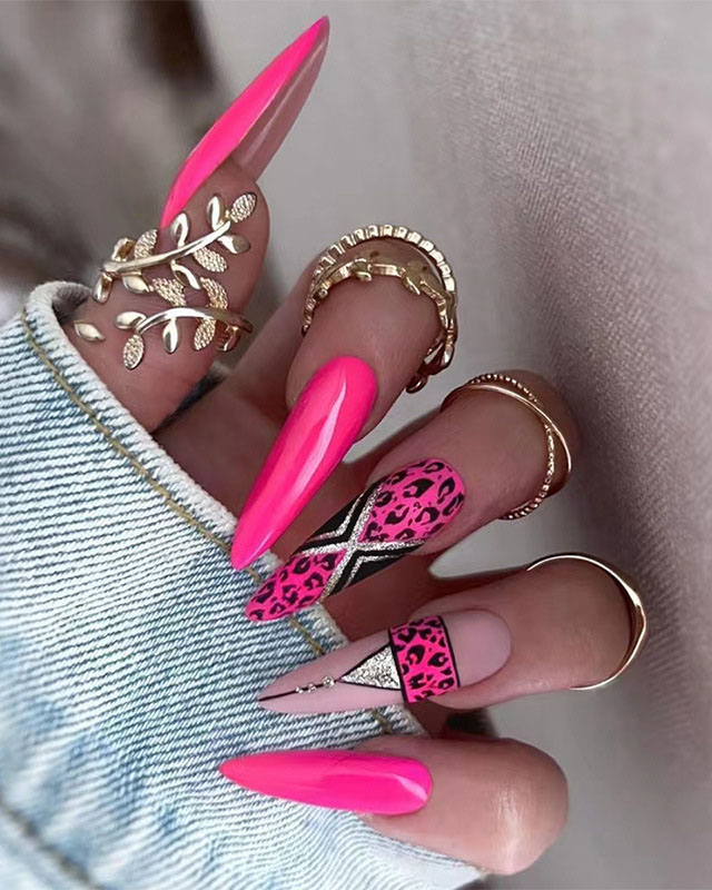 Hot Pink Leopard Print Extra Long Stiletto Nails