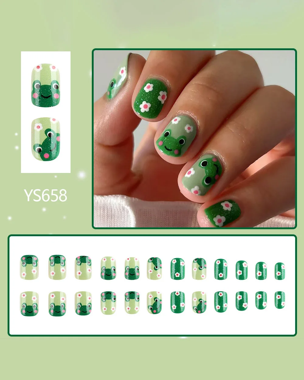 Alternative view of Round Shaped Cute Frog Green Fake Nails Bulk