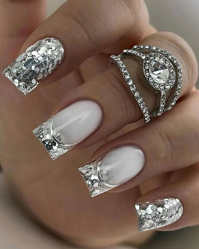 Silver Glitter French Tip Nails Square Bulk