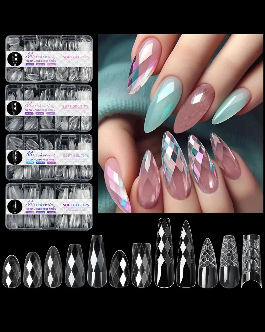 120/140Pcs 3D Diamond Flexible Nail Tips