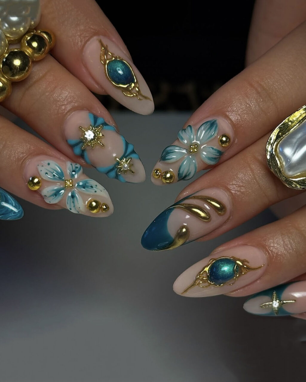 Luxury False Nails Long Almond Cyan