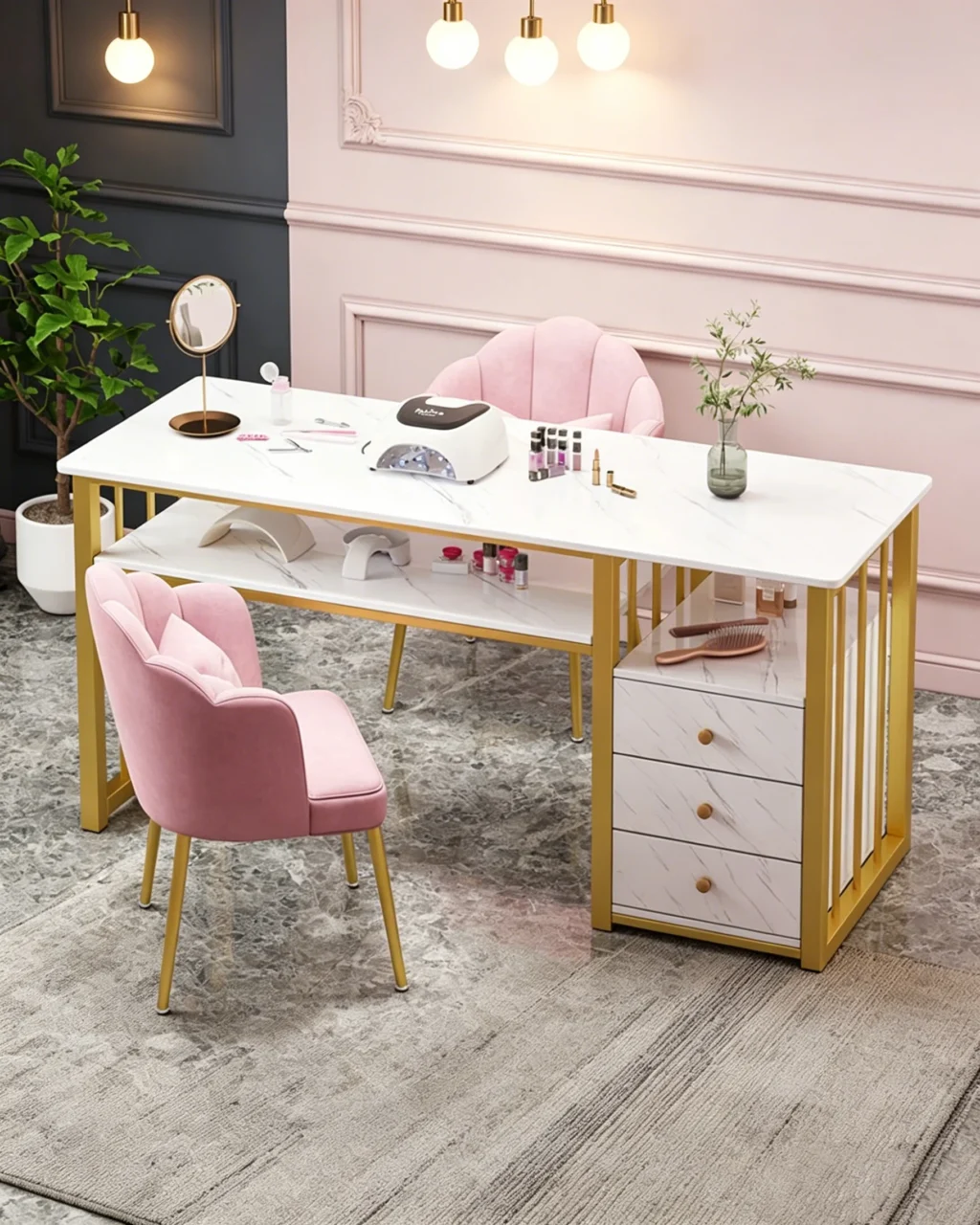 Marbling Texture Modern Nail Desk with Drawers for Salon