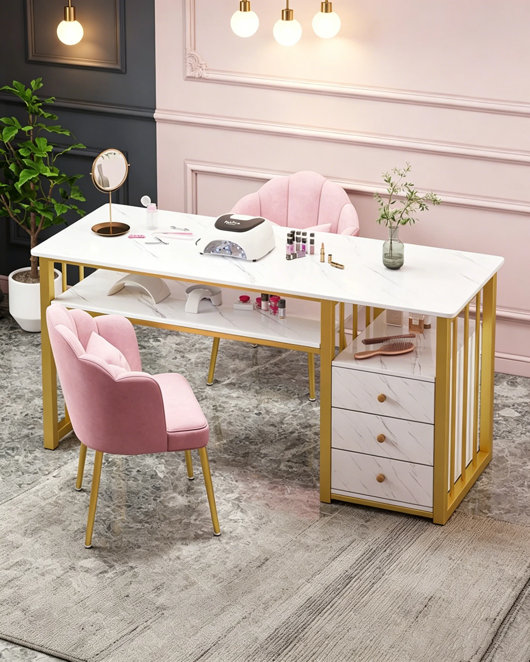 Marbling Texture Modern Nail Desk with Drawers for Salon