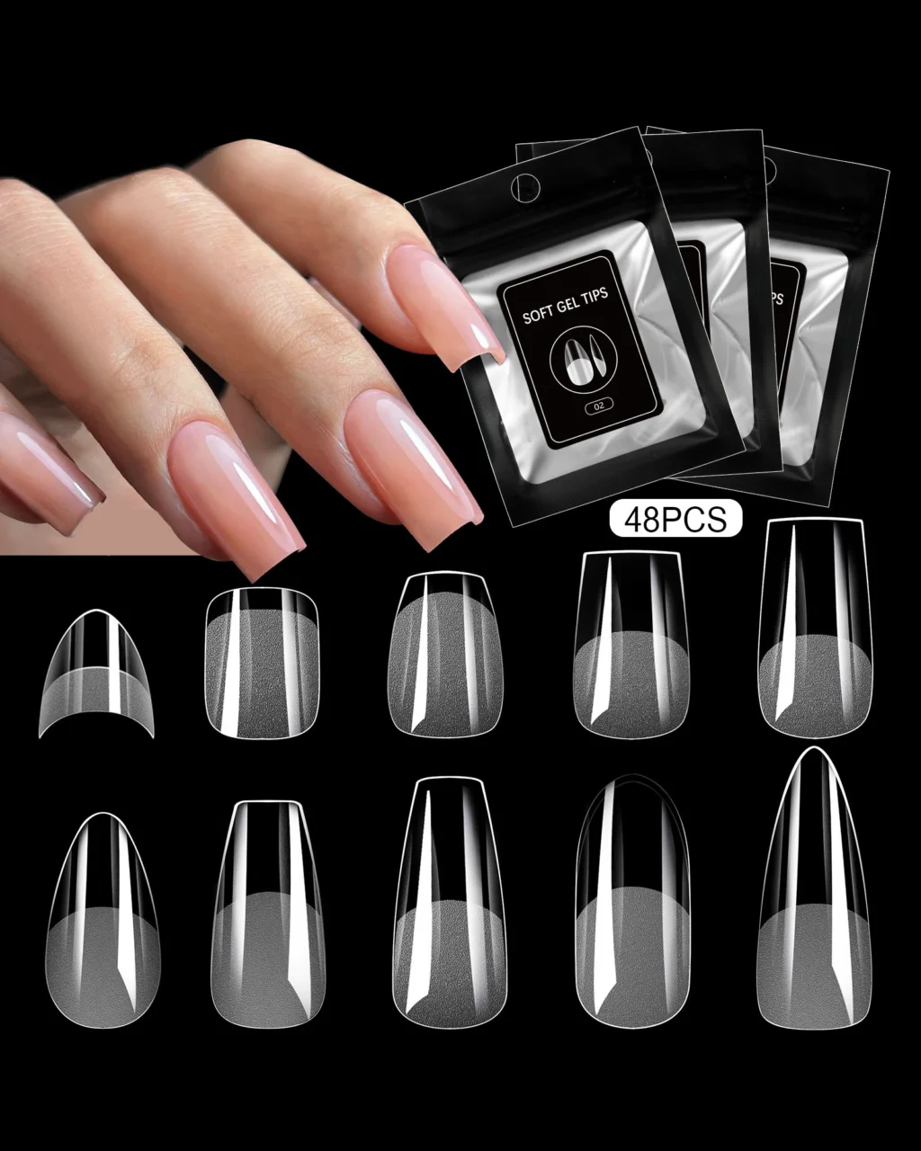 48Pcs Clear Soft Gel Nail Extension Tips