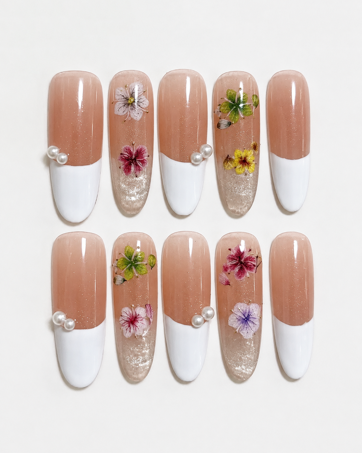 10Pcs Handmade Long Almond Pearl French Tip Nails
