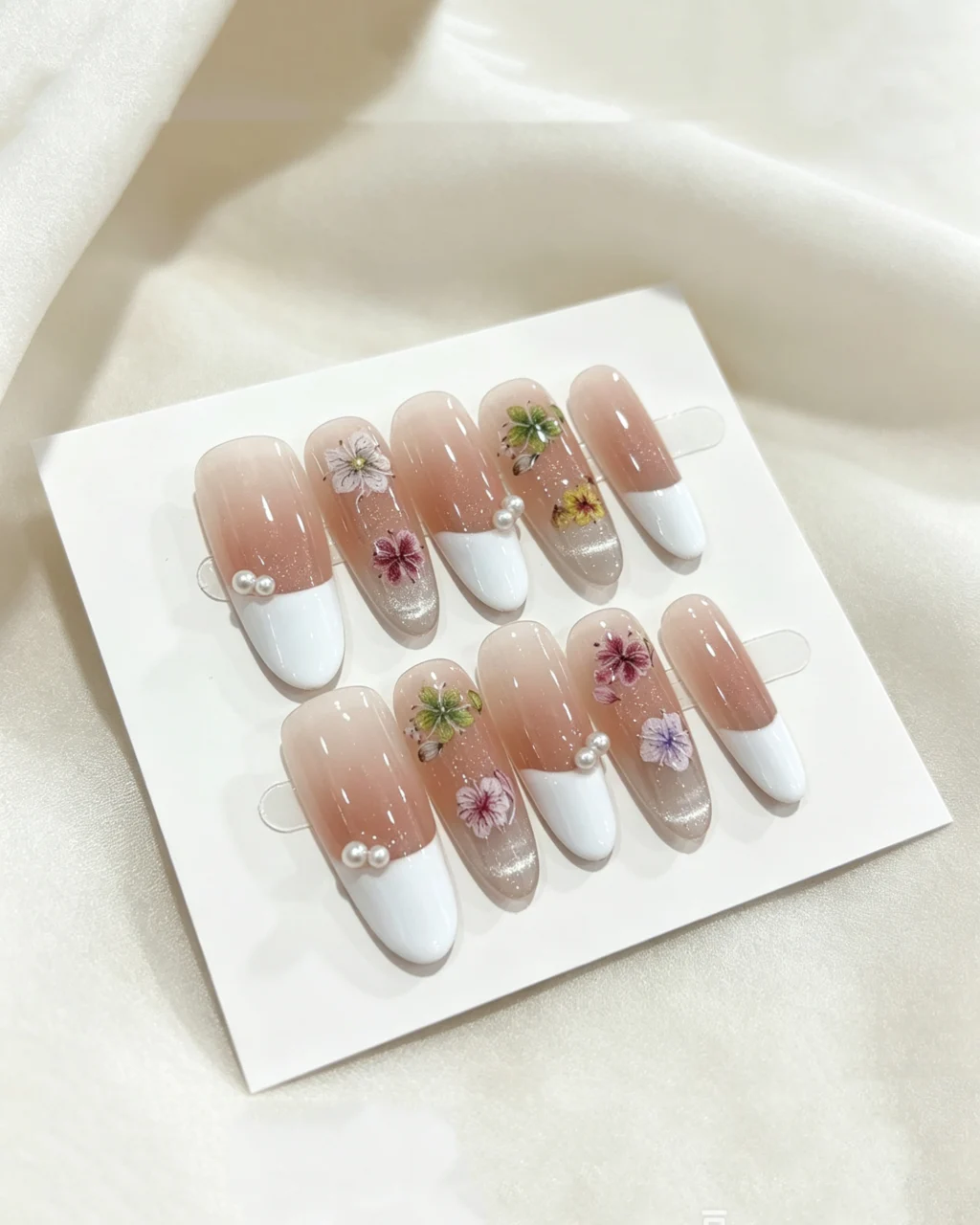 10Pcs Handmade Long Almond Pearl French Tip Nails - Image 4