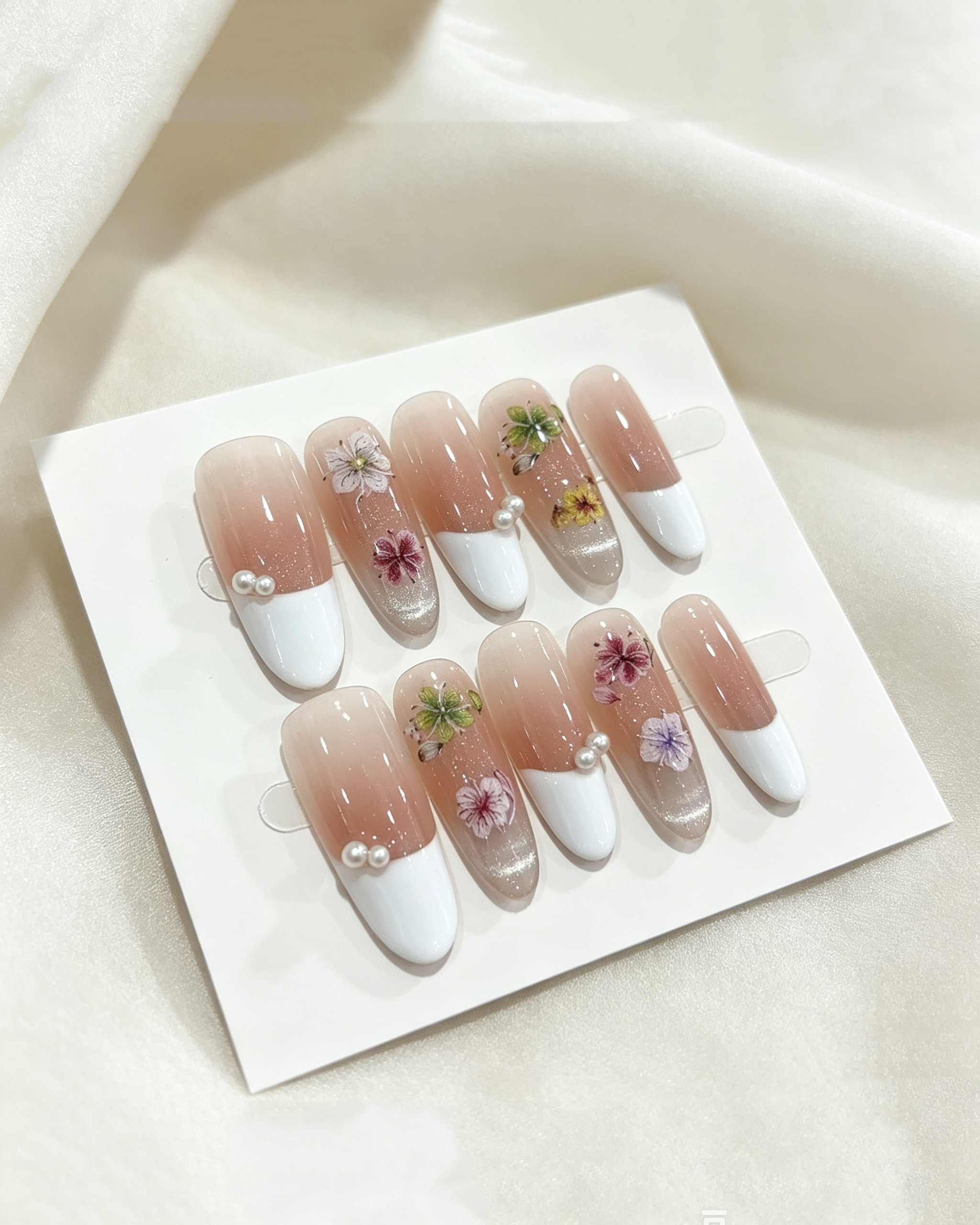 10Pcs Handmade Long Almond Pearl French Tip Nails - Image 4
