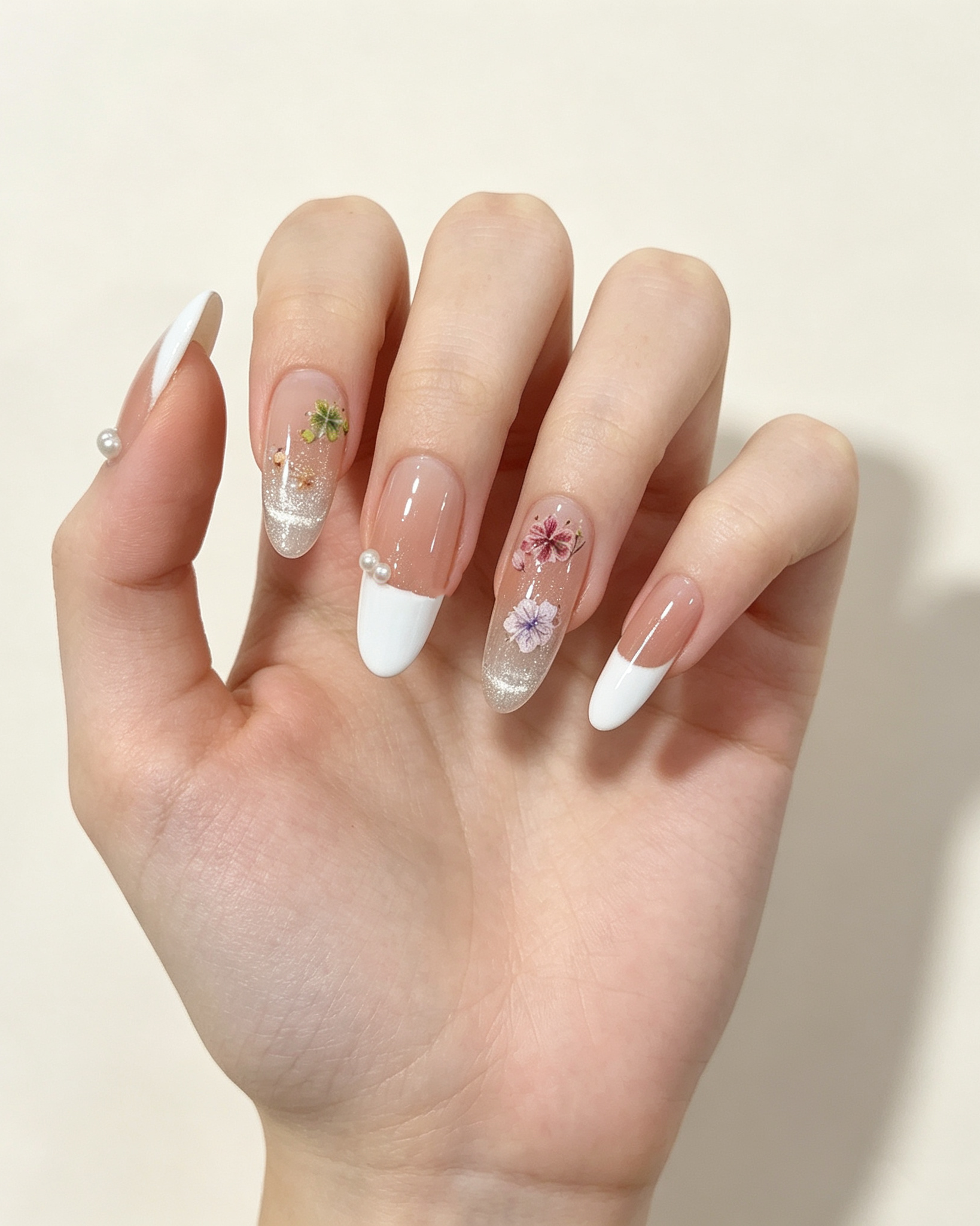 10Pcs Handmade Long Almond Pearl French Tip Nails - Image 2
