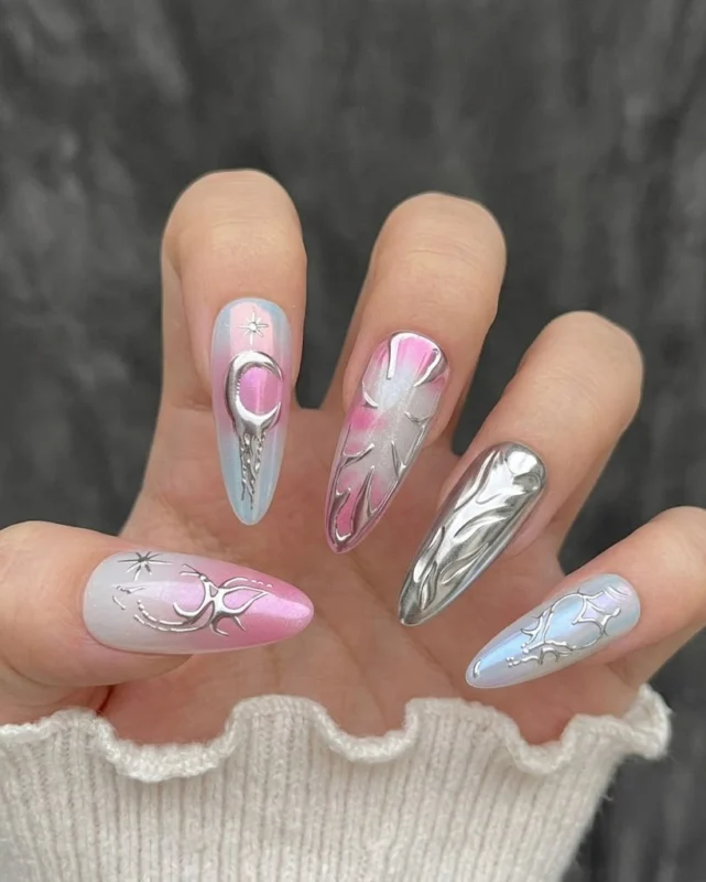 3D Gradient Almond Aurora Chrome Nails