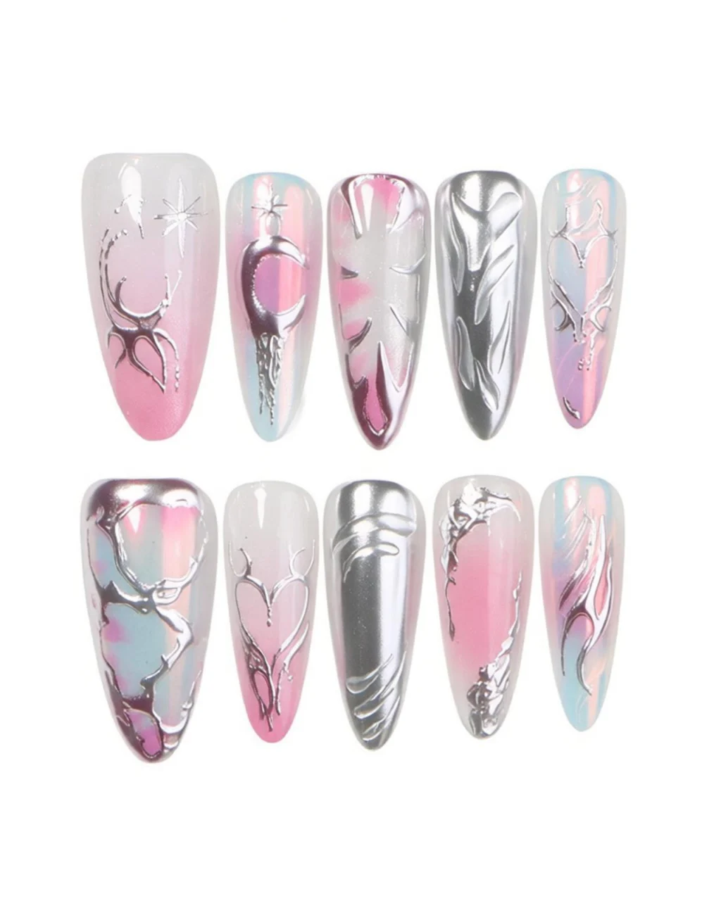 3D Gradient Almond Aurora Chrome Nails - Image 4