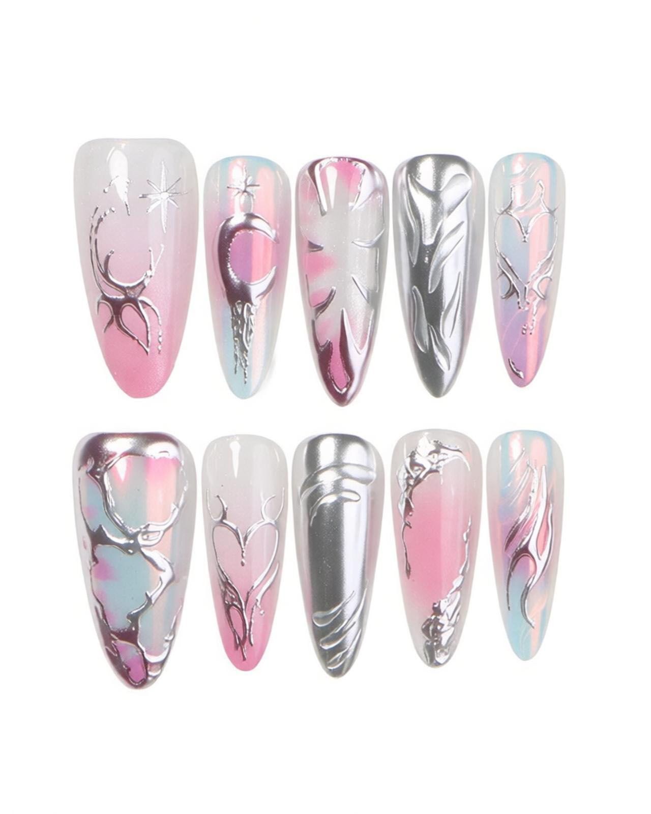 3D Gradient Almond Aurora Chrome Nails - Image 4