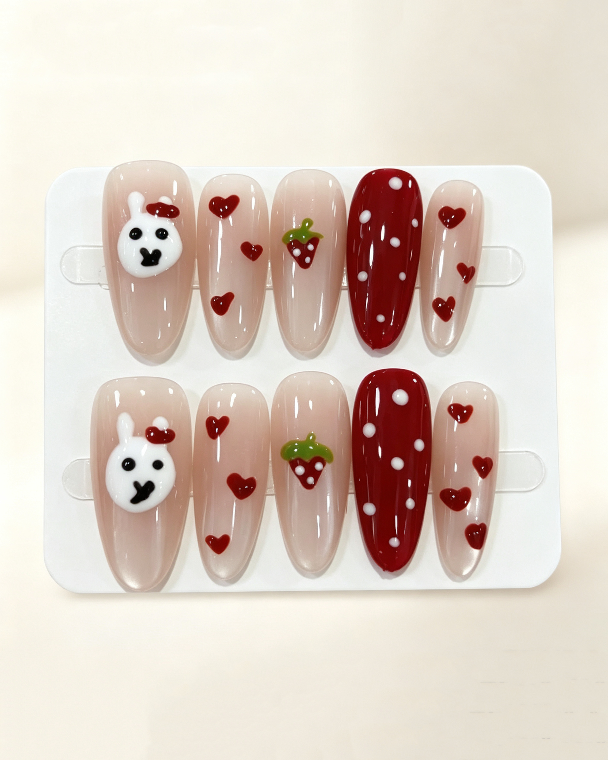 Cute Heart Polka Dots Strawberry Fake Nails