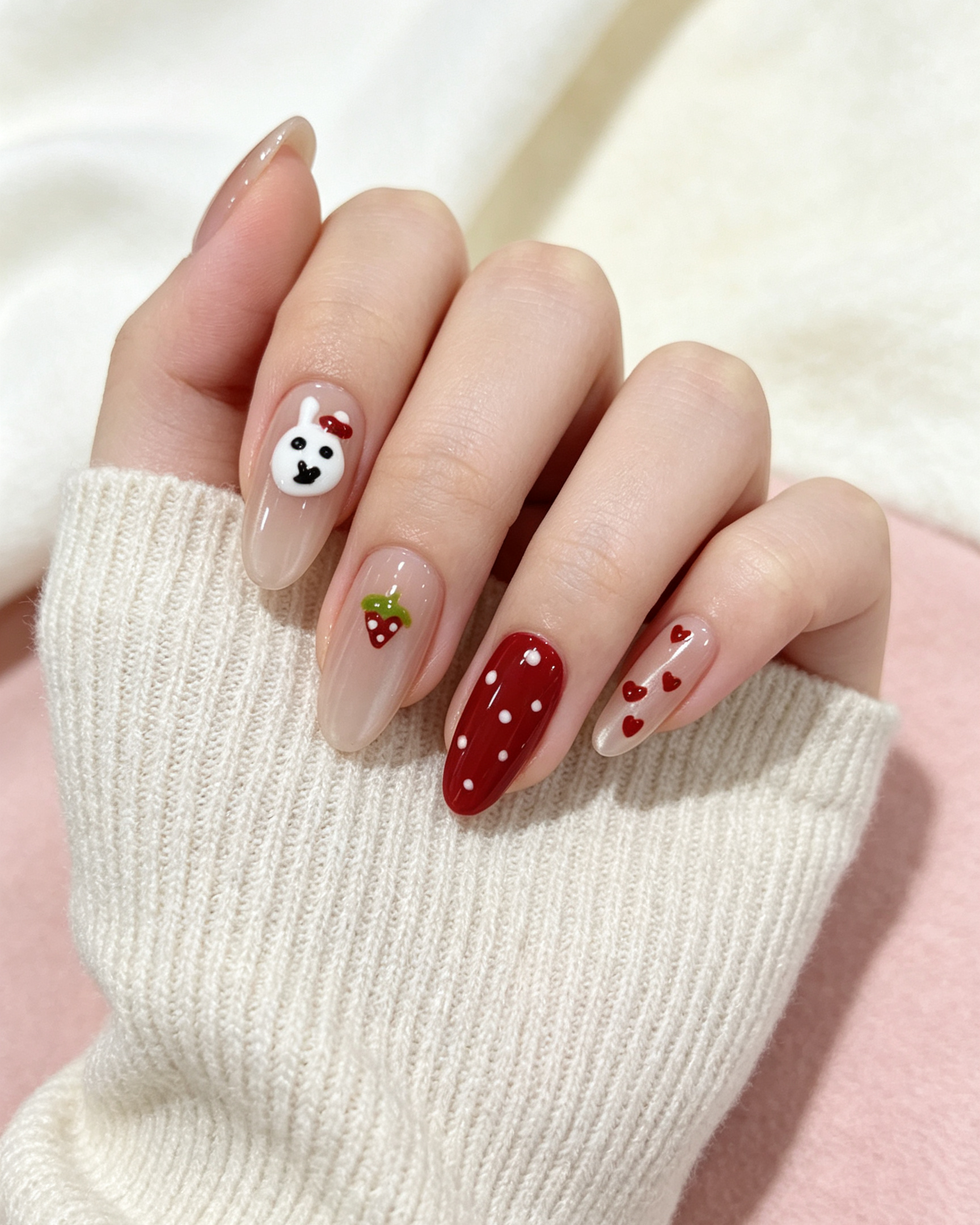 Cute Heart Polka Dots Strawberry Fake Nails - Image 2