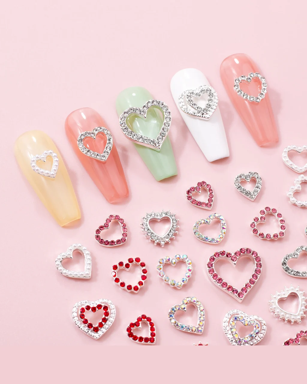 Hollowed CZ Heart Charms for Nails