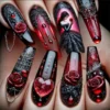Gothic Dark Red Ballerina Nails with Rose