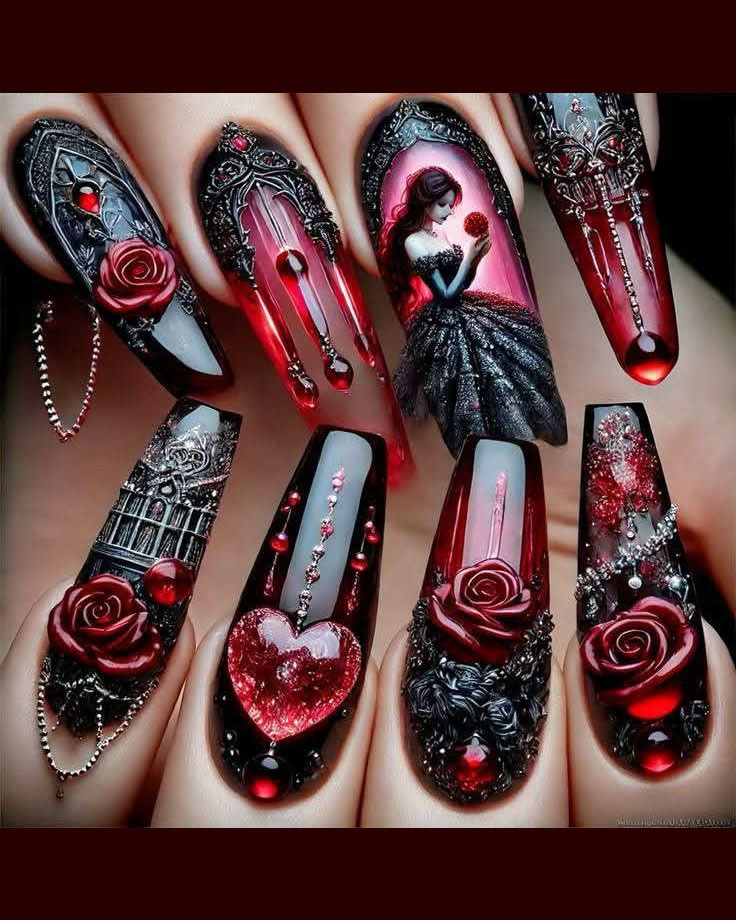 Gothic Dark Red Ballerina Nails with Rose