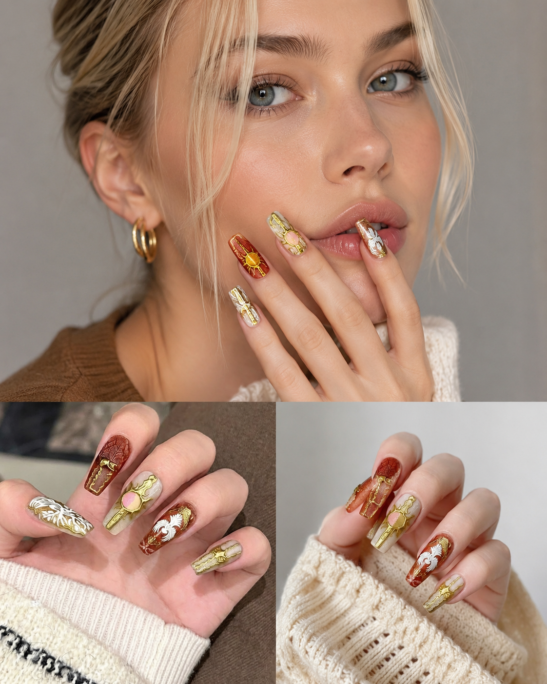 10Pcs/Set Gold & Red Wedding Nails Coffin Shape - Image 3