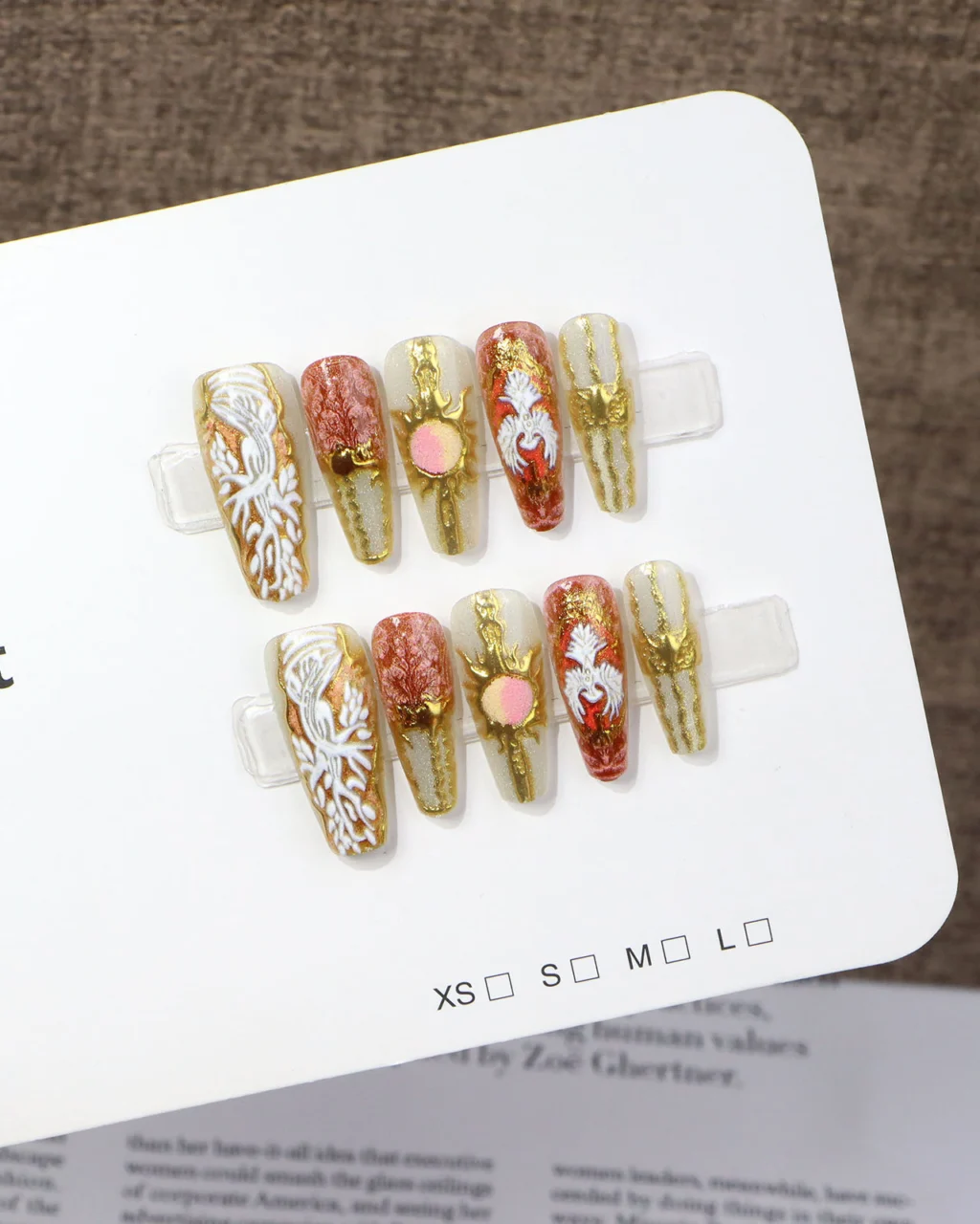 10Pcs/Set Gold & Red Wedding Nails Coffin Shape - Image 4