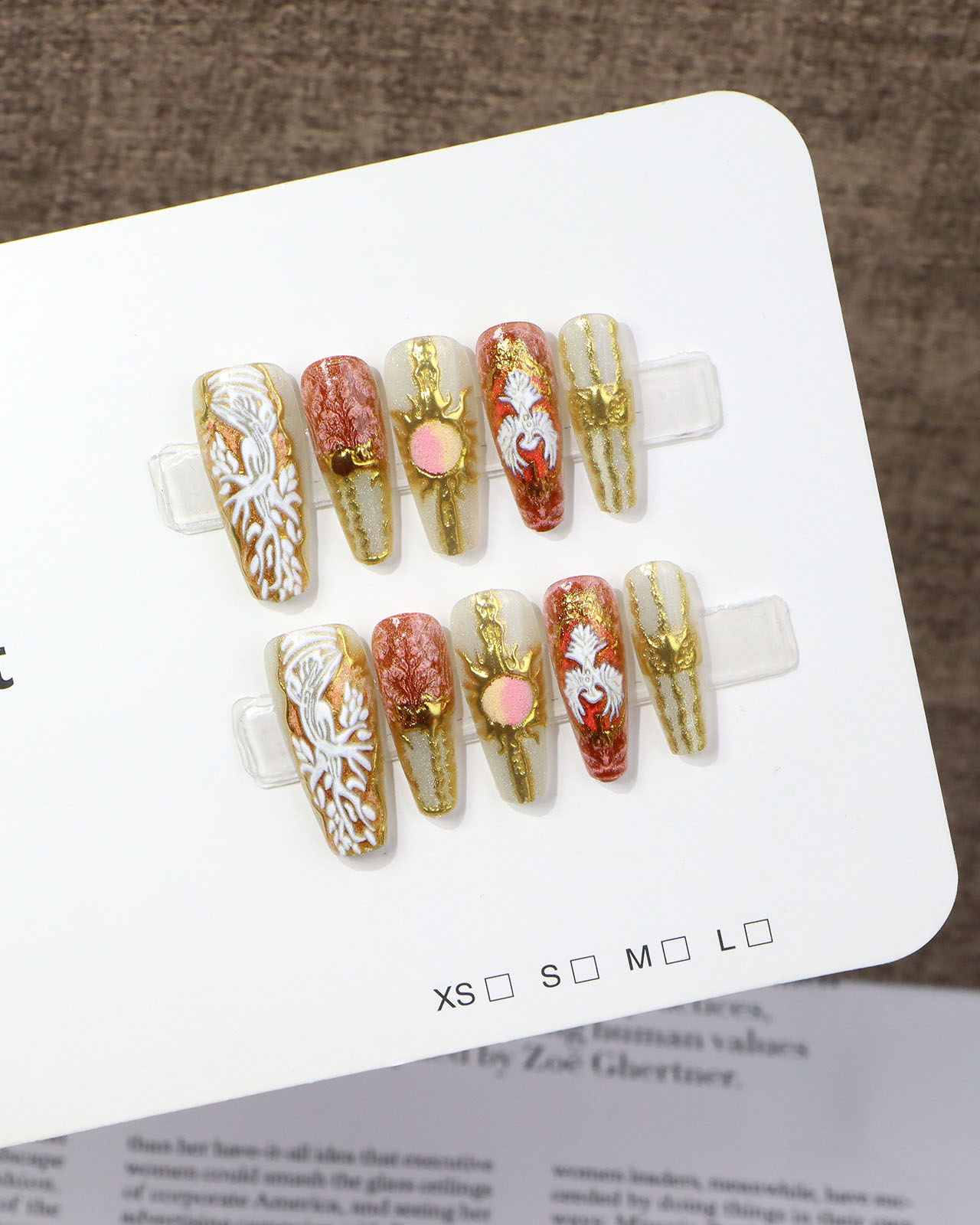 10Pcs/Set Gold & Red Wedding Nails Coffin Shape - Image 4