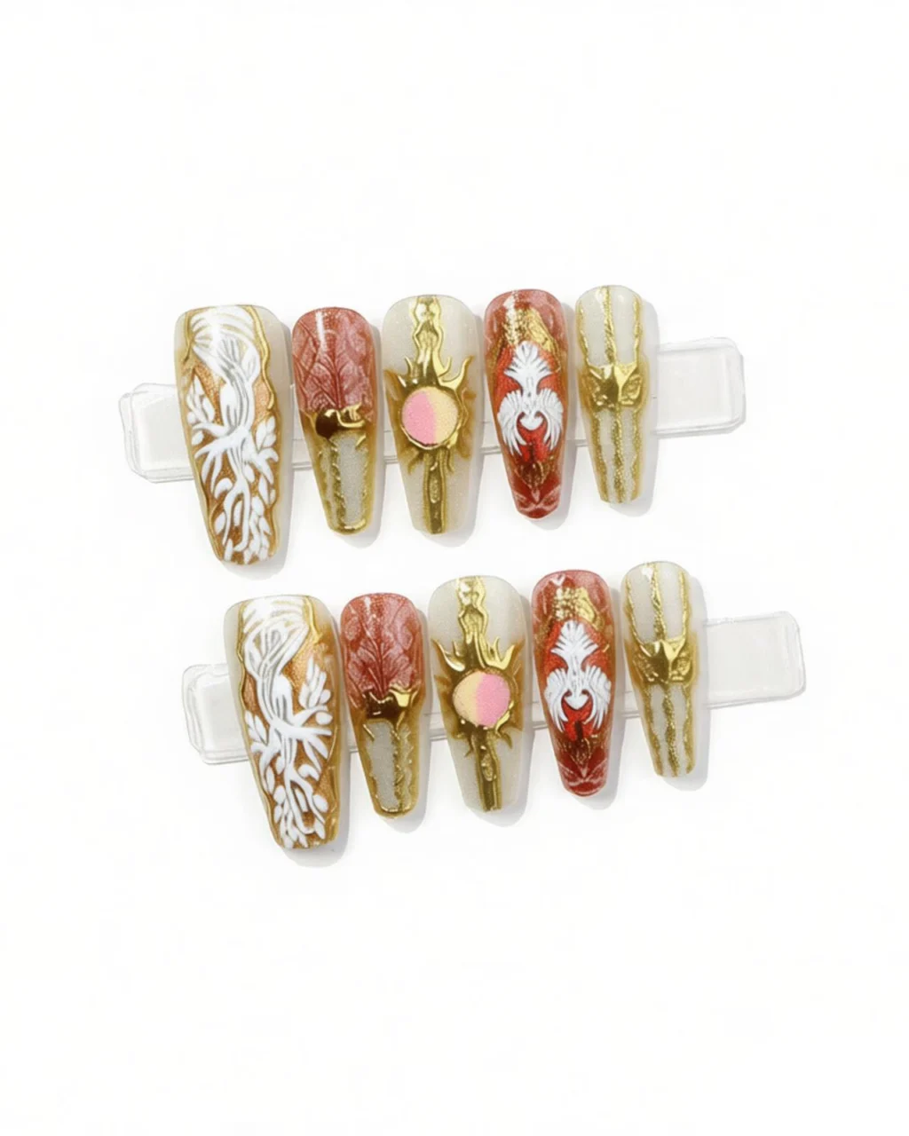 10Pcs/Set Gold & Red Wedding Nails Coffin Shape - Image 5