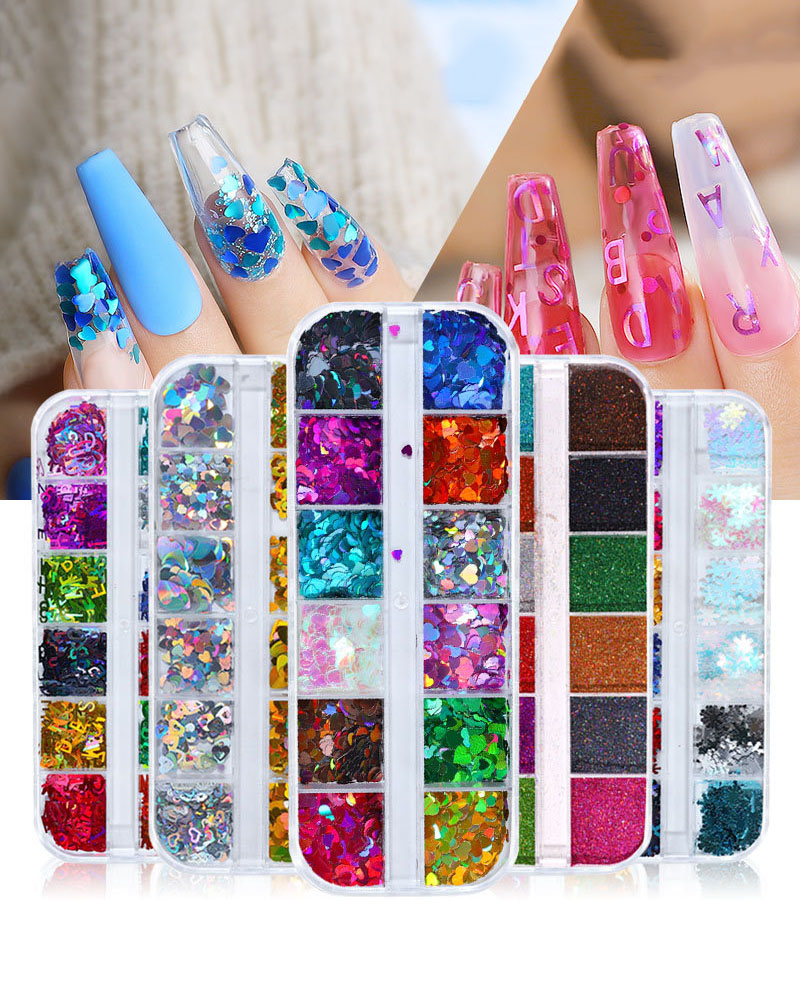12 Girds Set of Glitter Heart Sequin for Nails