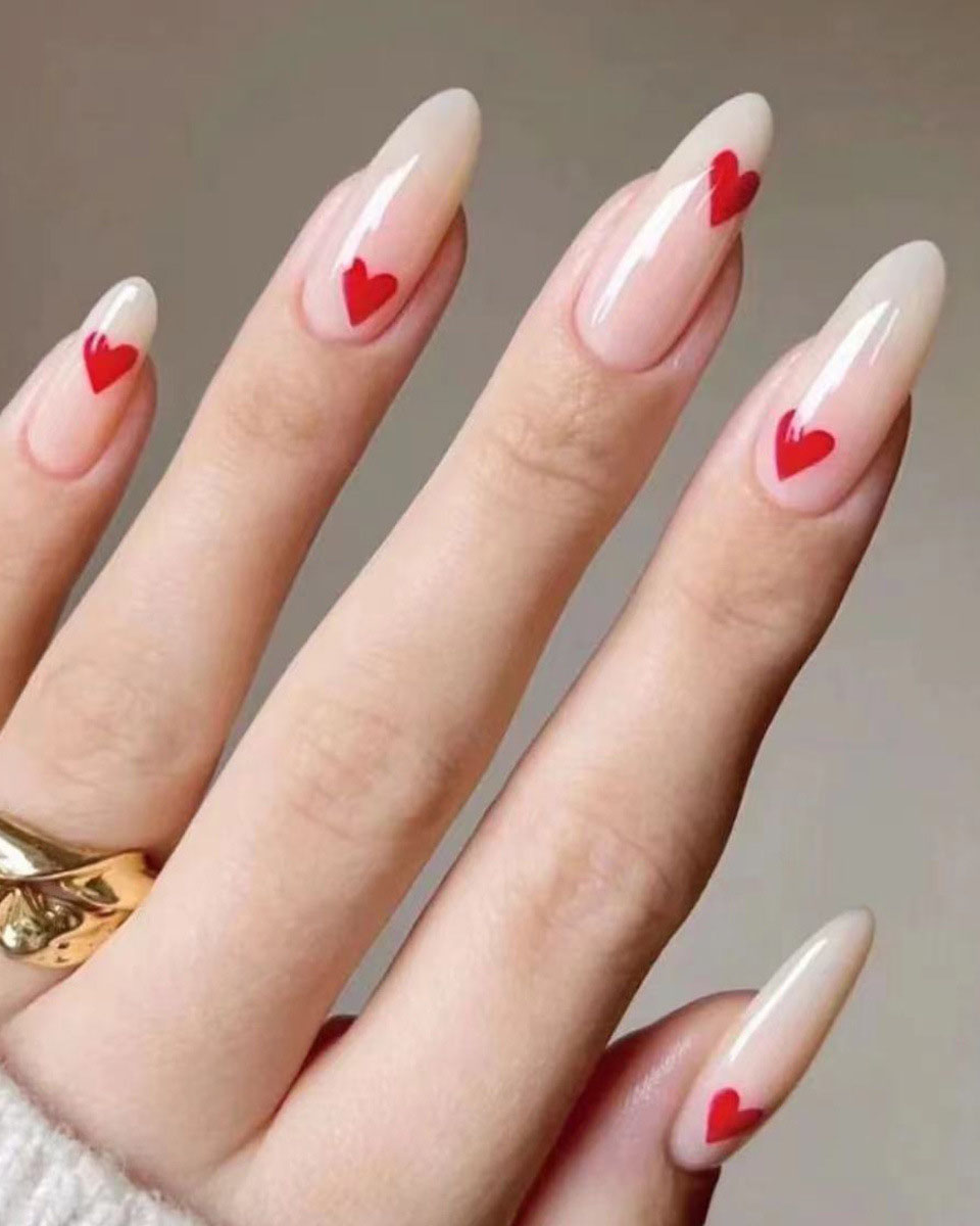 Minimalist Heart Nails Almond Shaped Red