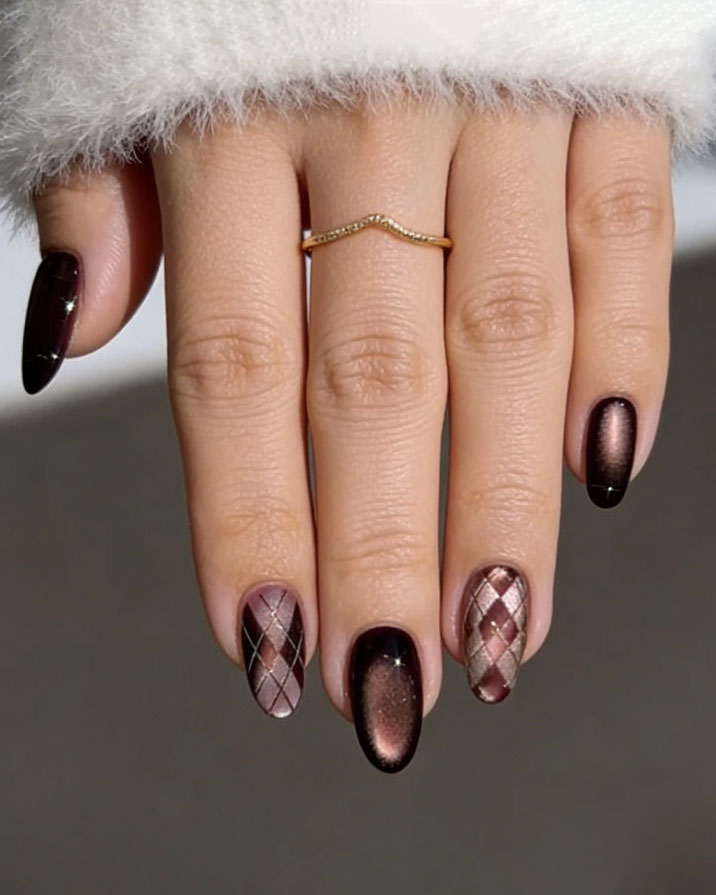 Sparkle Brown Plaid Cat Eye Nails Bulk - Image 7