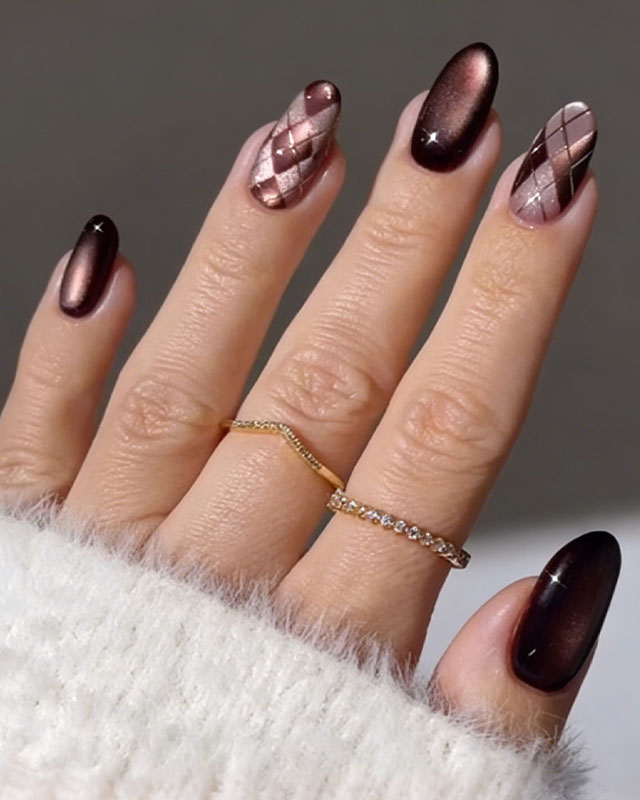 Sparkle Brown Plaid Cat Eye Nails Bulk