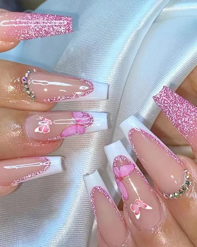 Long Glitter Butterfly Ballerina Pink Nail Wholesale