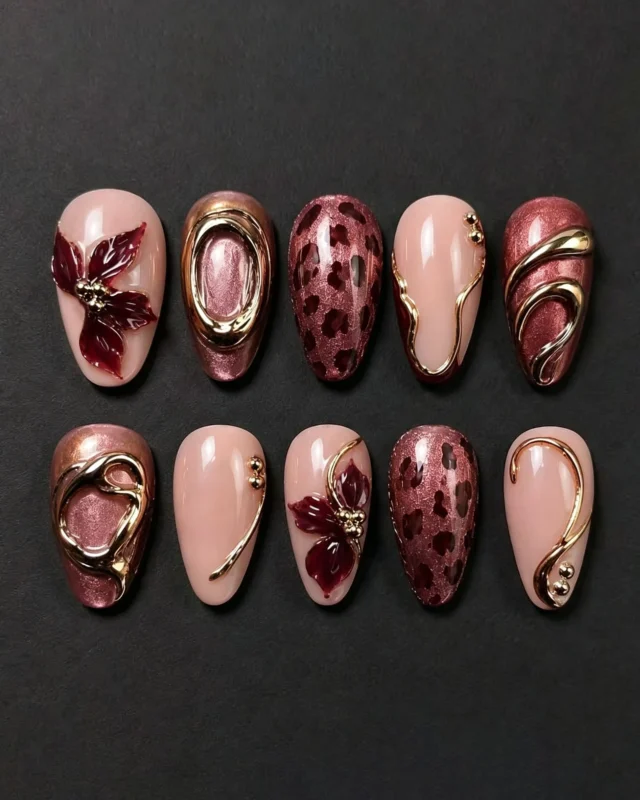 30Pcs Luxury Red Leopard Print Nails Almond Shaped