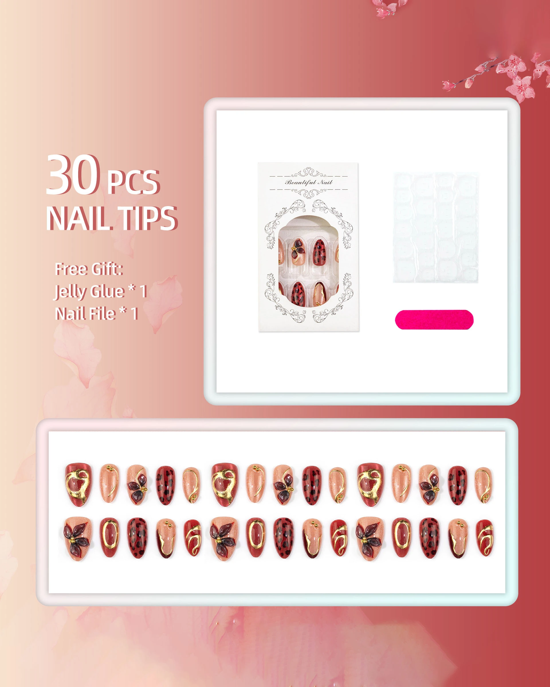 30Pcs Luxury Red Leopard Print Nails Almond Shaped - Image 4
